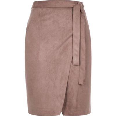 Dark beige faux suede wrap skirt